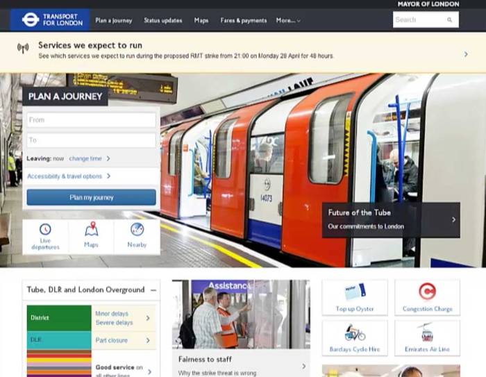 Transport for London website home screen as laid out for desktop
