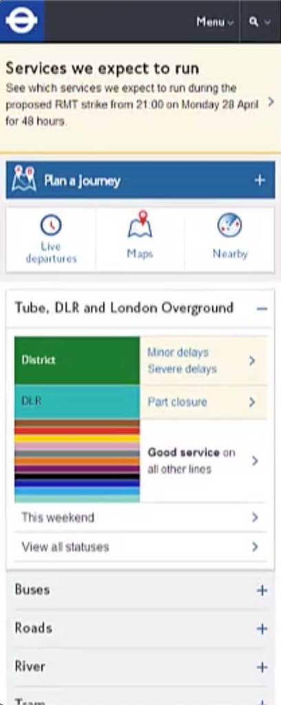 Transport for London website home screen as laid out for phones.