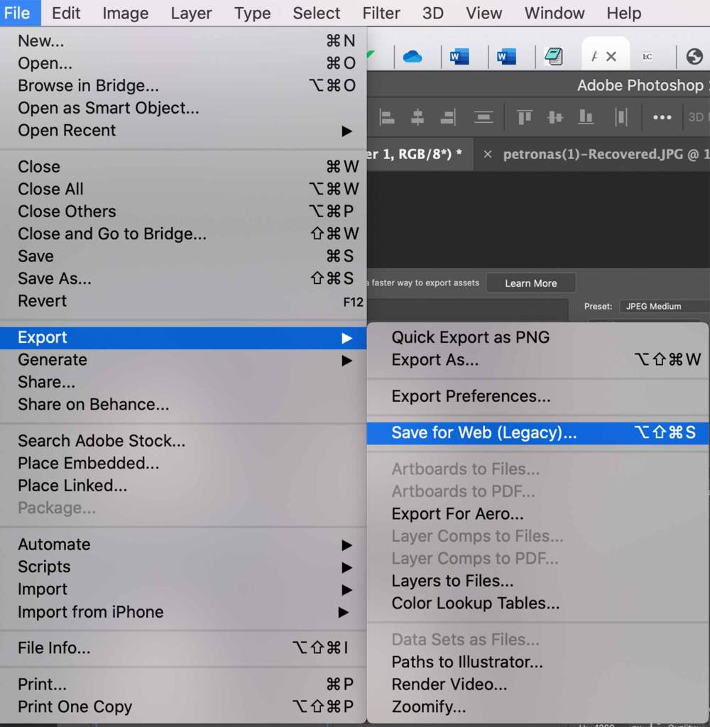 Photoshop top menu open with list of options Export option and Save for Web option selected