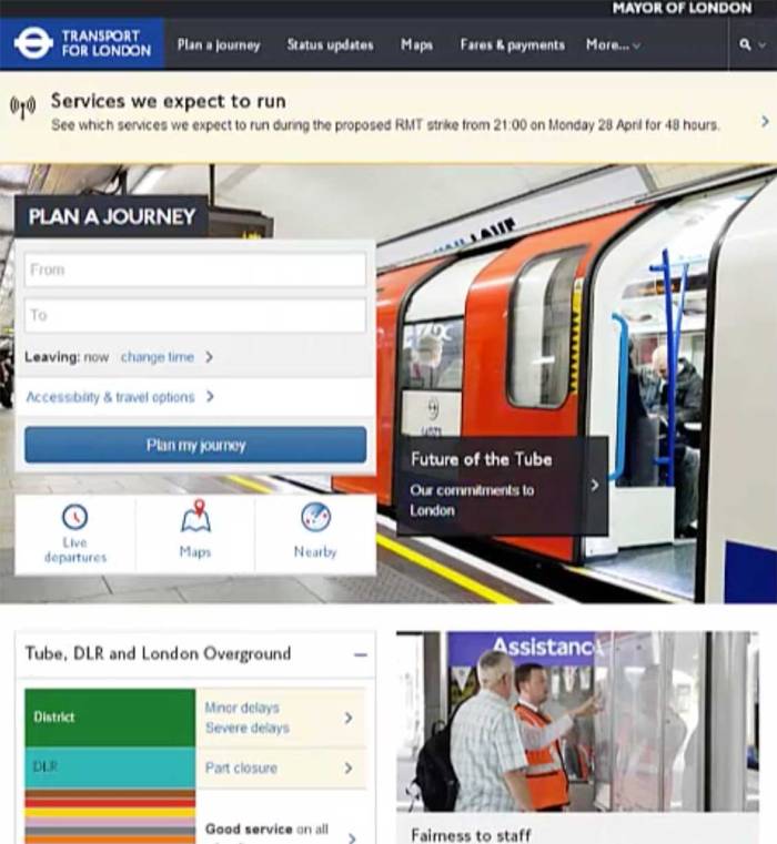 Transport for London website home screen as laid out for tablets