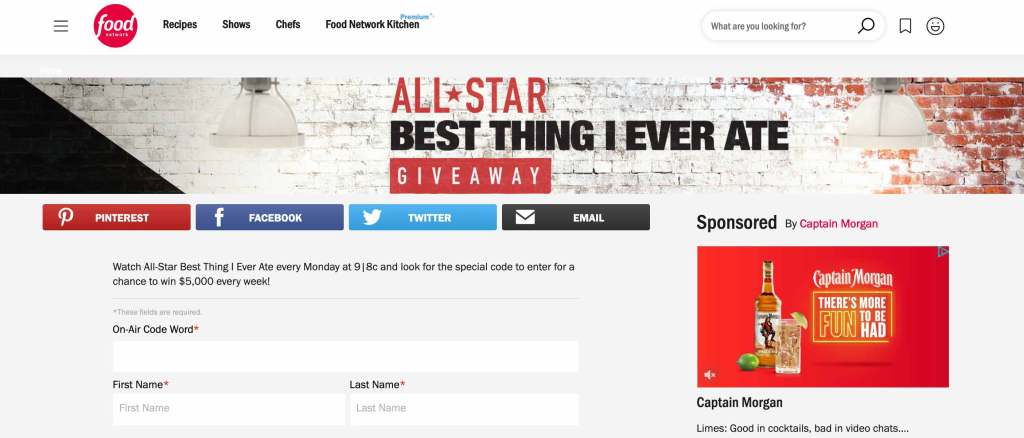 Screenshot of Food Network's website page for entering a giveaway. Top header photo features a white and red brick wall and says "All-Star Best Thing I Ever Ate Giveaway" and there are empty fields to complete an entry below it.
