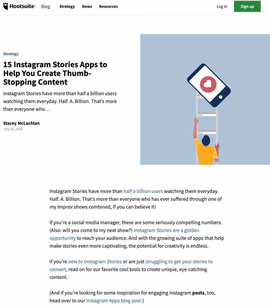 Screenshot of the header and opening paragraphs of a post on Hootsuite's blog. The text has 5 phrases in blue instead of black representing hyperlinks included in the article.