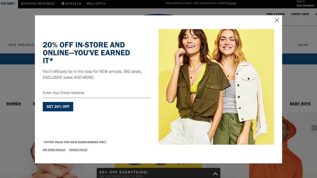Pop Up box on Old Navy webpage with picture of 2 women smiling and offering a 20% off coupon for signing up for email notifications.