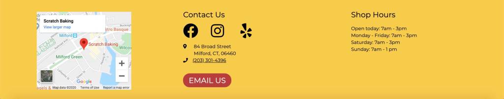 The footer in my edit of the template featuring a Google Map, contact information, and the shop's hours.