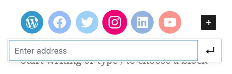Screenshot of Social Icons content block with line of social media icons: WordPress W icon in blue, Facebook F icon in blue, Twitter bird icon in blue, Instagram camera icon in pink, LinkedIn in icon in blue, YouTube play button icon in red.