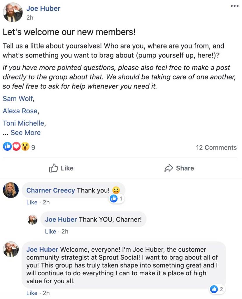 Screenshot of Facebook post by a man named Joe Huber welcoming new members to Sprout Social's Facebook group.