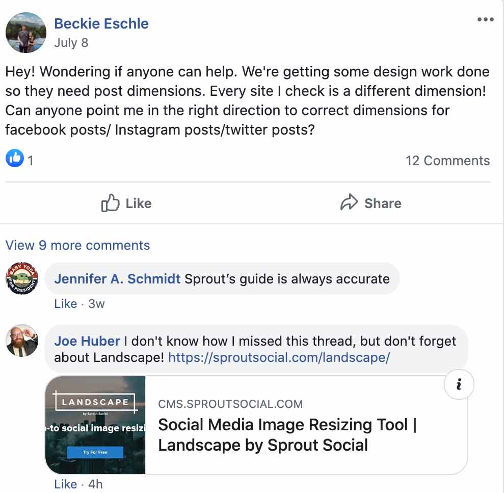 Screenshot of moderator Joe Huber's response to a post in the Facebook group from a user named Beckie Eschle. Huber's response features a link to sprout social website