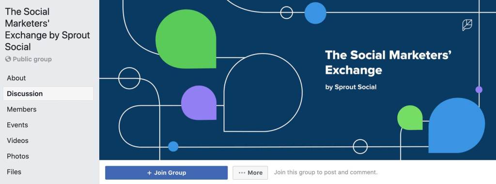 Screenshot of a Facebook group page titled The Social Marketers' Exchange by Sprout Social with a navy blue cover image with the group's name and white swirling lines and blue, green, and purple dots.