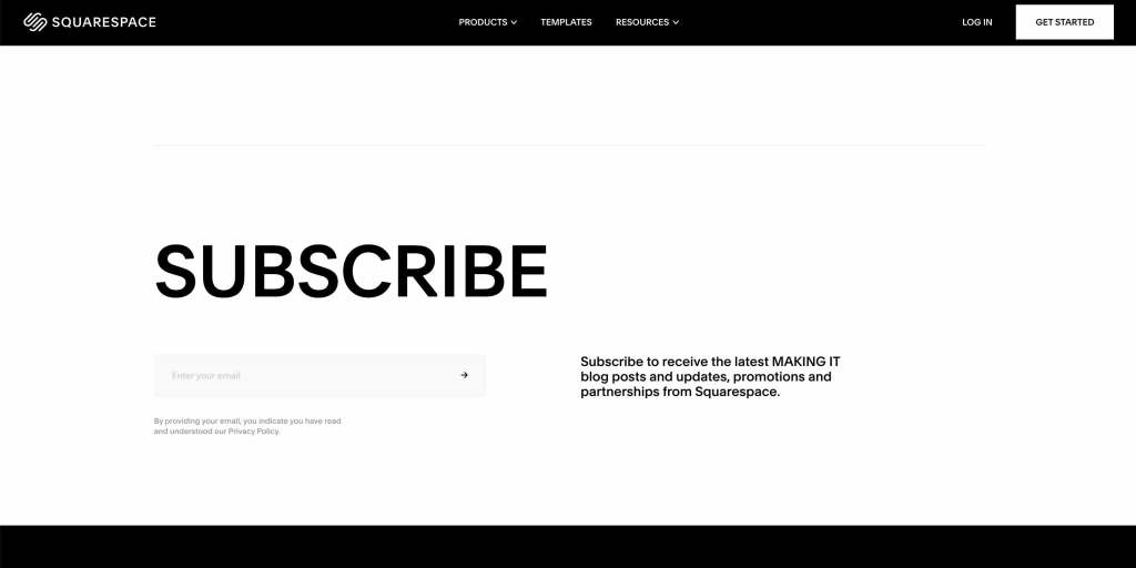 Screenshot of Sqaurespace's black and white website with the word Subscribe and a field for entering email.